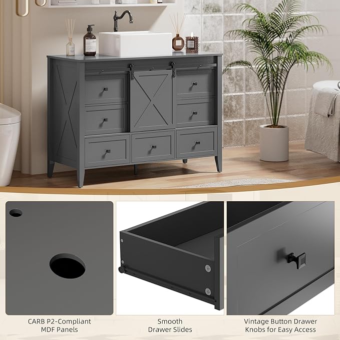 VNN Bathroom Vanity with Sink - 48 Inch Bathroom Vanity with Sink Ceramic, Freestanding Cabinet with Farmhouse Sliding Barn Door and 7 Drawers, Space-Saving Storage Cabinet, Grey