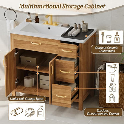 Favfurish 36" Bathroom Vanity,Free Standing Single Basin Vanity Combo with Sink,3 Soft Close Drawers & 2 Soft Close Doors,Solid Wood Frame Storage Cabinet w/Ceramic Basin,for Small Space,Natural