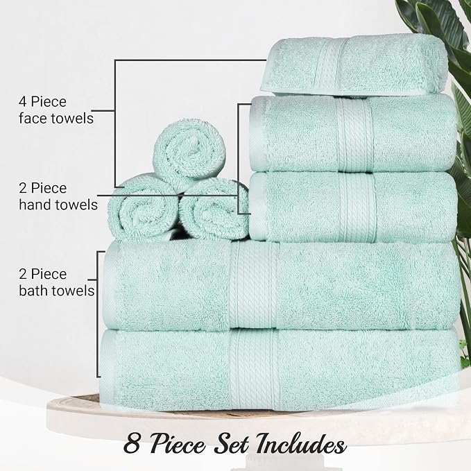 SUPERIOR Egyptian Cotton Ultra Plush & Absorbent, 8 Piece Set, Sea Foam | Quick Dry, Soft Luxury Towel Set, Bath Essentials, Guest Bath, Spa, 2 Bath, 2 Hand, 4 Face Towels, Madeline Towels