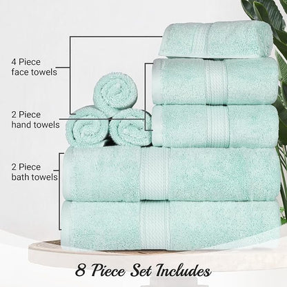 SUPERIOR Egyptian Cotton Ultra Plush & Absorbent, 8 Piece Set, Sea Foam | Quick Dry, Soft Luxury Towel Set, Bath Essentials, Guest Bath, Spa, 2 Bath, 2 Hand, 4 Face Towels, Madeline Towels