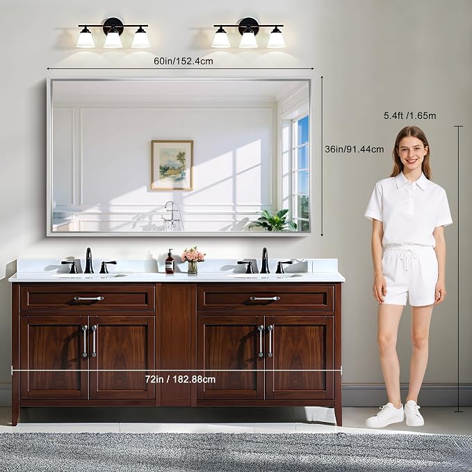 CIRCUMI 60"x36" Brushed Silver Bathroom Mirror, Double Sink Vanity Mirror | Chunky Box Metal Frame, Shatterproof, Tempered Glass, Bathroom Remodel&New Home, Large Rectangular Mirror for Living Room