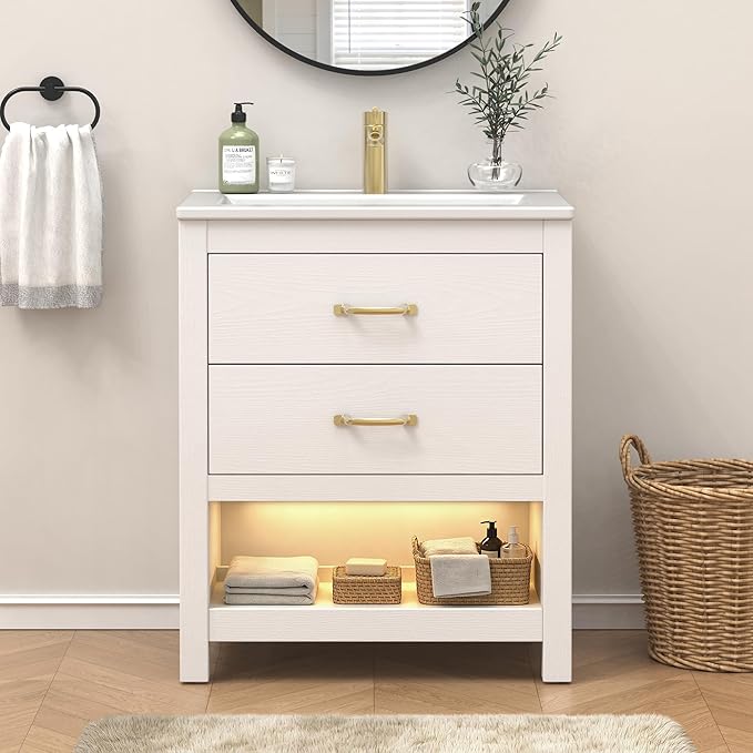 Bathroom Vanity with Sink 24 Inch, Modern Bathroom Cabinet Set with LED Light for Small Space, 2 Soft-Close Drawers with Organizer, Deep and Sloped Single Sink, Easy Assembly, White