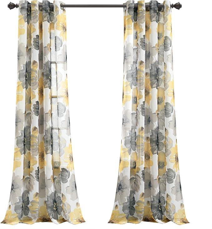 Lush Decor Leah Floral Sheer Window Curtain Panels Pair 52"W x 84"L Yellow & Gray - Floral Curtains for Bedroom - Sheer Curtains for Living Room