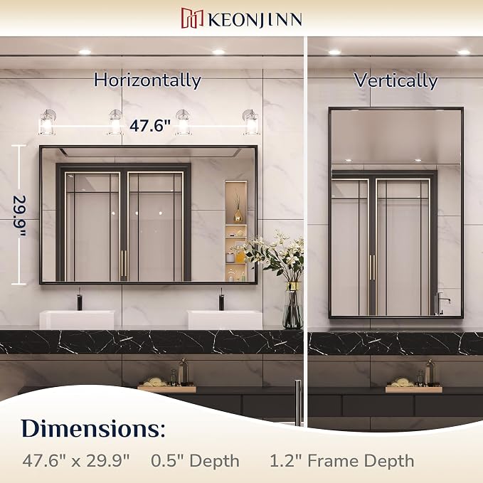 Keonjinn 48x30 Inch Black Bathroom Mirror for Over Sink, Rectangular | HD Tempered Glass, Vanity Mirror, Brushed Framed, Square Corner, Modern Farmhouse, Wall Mounted Mirrors, Aluminum Alloy