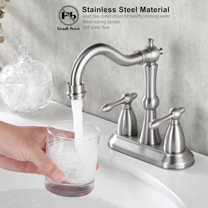 Brushed Nickel Bathroom Sink Faucet, Stainless Steel Centerset Antique Bathroom Faucet with Drain and Supply Hose,4 in Brushed Nickel Sink Faucet for Bathroom