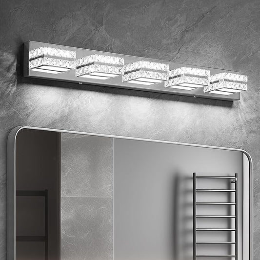 OKELI Crystal Vanity Lights LED Bathroom Vanity Light Fixture Over Mirror Modern Indoor Chrome Lamp, 6000K Cold White Dimmable, 5-Lights, 32W