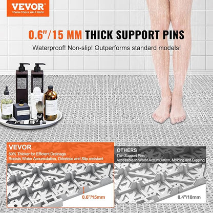 VEVOR Modular Interlocking Cushion, 12 Pack 12" x 12" Splicing Drainage Mats, Soft PVC Interlocking Drainage Floor Tiles, Non-Slip Drainage Holes for Restroom, Bathroom, Kitchen, Pool, Wet Areas, Gray