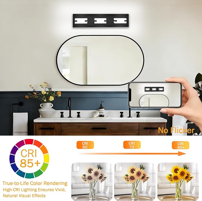 LED Bathroom Light Fixtures, 3-Light Modern Vanity Lights with Milky White Frosted Acrylic Shades, Matte Black Bathroom Lighting Fixtures Over Mirror, ETL Listed, 20W 5CCT Adjustable