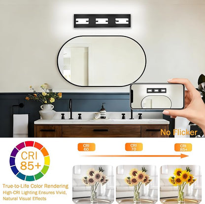 LED Bathroom Light Fixtures, 3-Light Modern Vanity Lights with Milky White Frosted Acrylic Shades, Matte Black Bathroom Lighting Fixtures Over Mirror, ETL Listed, 20W 5CCT Adjustable