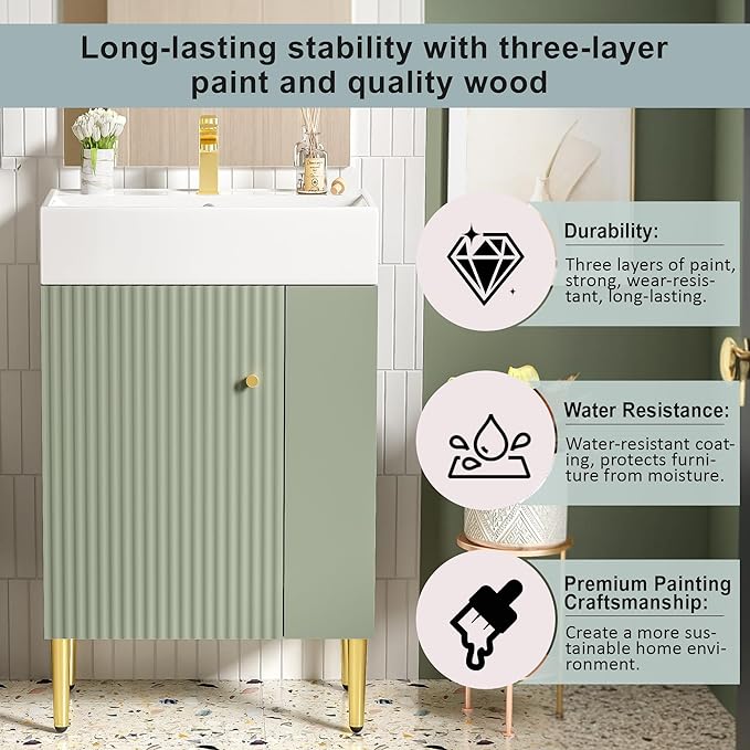 21.6 in Small Bathroom Vanity with Sink,Doors and Storage Shelves,Wood Modern Single Fluted Bathroom Sink Cabinet Freestanding (Green,Right Shelf)