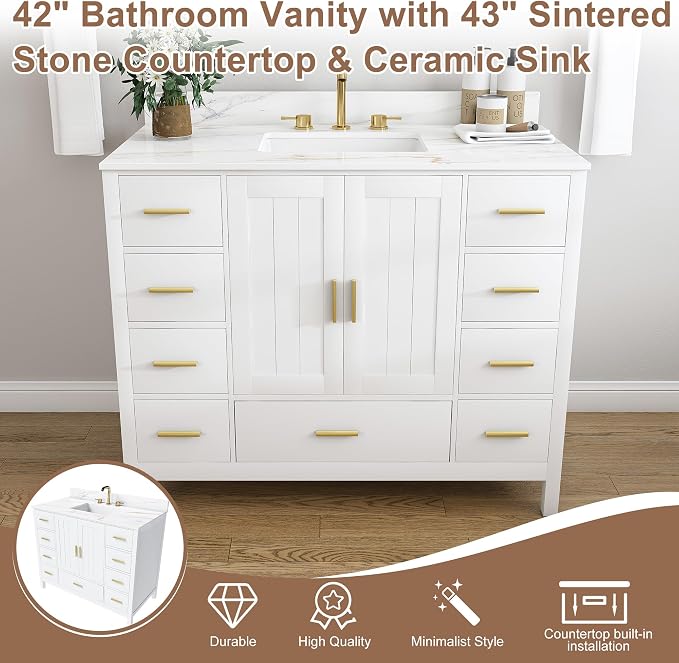 42 Inch Bathroom Vanity with Sink&Countertop,Calacatta Gold Sintered Stone Counter Top with Sink&Backsplash,White Bathroom Cabinet Set with 2 Doors and 9 Drawer(Three Holes)