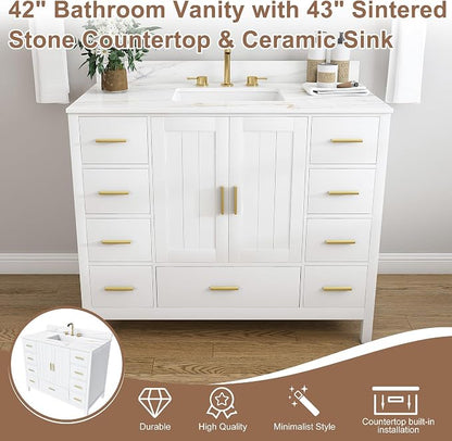 42 Inch Bathroom Vanity with Sink&Countertop,Calacatta Gold Sintered Stone Counter Top with Sink&Backsplash,White Bathroom Cabinet Set with 2 Doors and 9 Drawer(Three Holes)