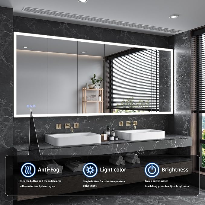 96x40" Extra-Wide LED Medicine Cabinet w/ Mirror, 5-Door Anti-Fog, Bathroom | Smart Touch, 3-Color Dimming, 10-Level Brightness, 5-Door Storage, Adjustable Shelves, DTC Soft-Close, 96" Double Vanity