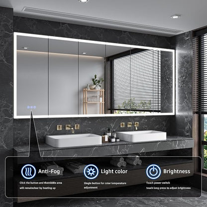 96x40" Extra-Wide LED Medicine Cabinet w/ Mirror, 5-Door Anti-Fog, Bathroom | Smart Touch, 3-Color Dimming, 10-Level Brightness, 5-Door Storage, Adjustable Shelves, DTC Soft-Close, 96" Double Vanity