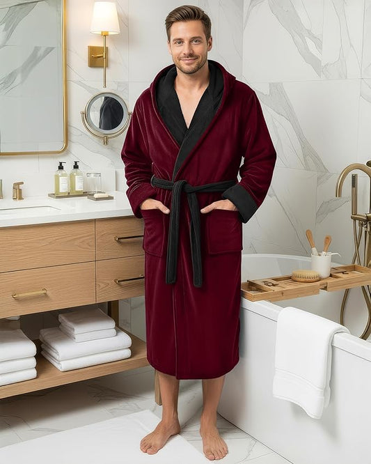 NY Threads Mens Robe with Hood, Luxury Plush Fleece Hooded Mens Bathrobe, Spa Bath Robe for Men