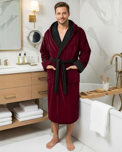 NY Threads Mens Robe with Hood, Luxury Plush Fleece Hooded Mens Bathrobe, Spa Bath Robe for Men