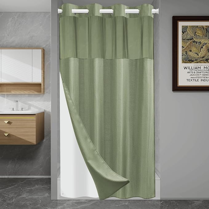SORTTO No Hook Shower Curtain with Snap in Liner Set Waffle Shower Curtain for Bathroom Hotel Style Fabric Waterproof Inner Liner，54" W x 80" H, Sage Green
