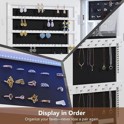 Dystler Over the Door Jewelry Cabinet with Mirror, 12 Hollywood Bulbs, Lock | 72 Earring Slots & 24 Necklace Hooks, Velvet Interior, Hanging Door or Wall Mount, 3-Color LED Lights,Girls, Women Ideal Gift