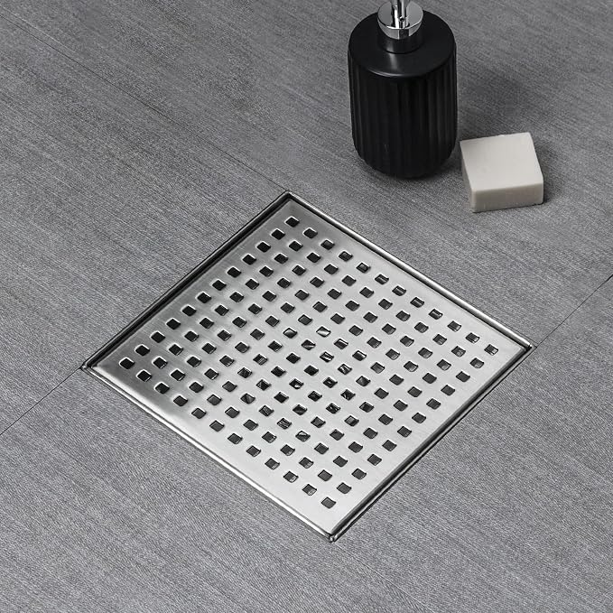 SaniteModar Square Shower Drain 6 inch Brushed with Square Hole Cover | 304 Stainless Steel Brushed Shower Drain with Hair Catcher and Threaded Adapter