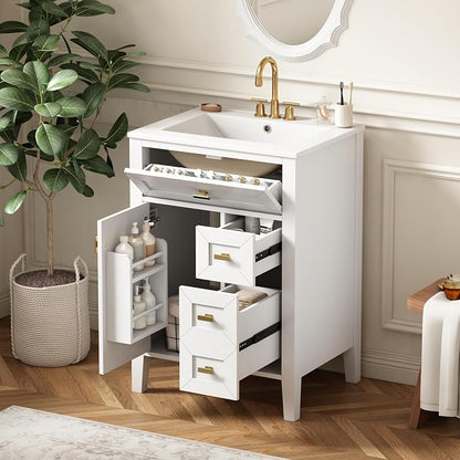 Merax 24 Inch Bathroom Vanities with Undermount Ceramic Sink, Tip-Over Drawer and Side Drawers, Soft Closing Door with Shelf, Solid Wood Frame, White