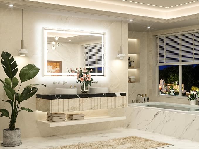 55 x 36 Bathroom LED Mirror Brushed Nickel Metal Frame Frontlit & Backlit Vanity Mirror Stepless Dimmable Anti-Fog 3 Colors White/Warm/Natural Light up Vanity Mirror Wall-Mounted