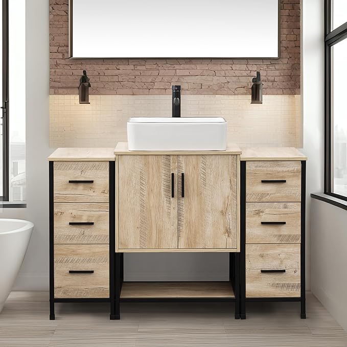 UEV 48" Rustic Oak Bathroom Vanity with Sink Combo,Industrial Iron Frame Bathroom Cabinet Sets with Double 3 Drawers Side Cabinet,Modern Artistic Ceramic Vessel Sink(031WH)