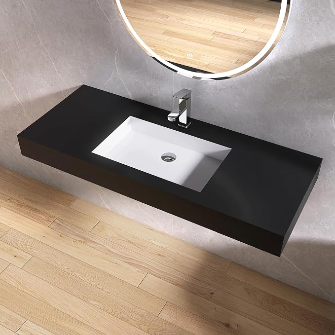 47"X19" Bathroom Sink with Single Faucet Hole, Stone Resin Wall-Mount or Floating Sink, Rectangle Solid Surface Countertop Vessel Sink with Mounting Brackets