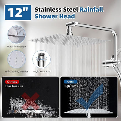 12" Metal Rainfall Shower Head with 10-Mode Handheld, Chrome | NSF/ANSI/CAN 372 Certified, High Pressure Showerhead Combo with 11" Adjustable Shower Arm, 71" Hose, Shower Head Holder