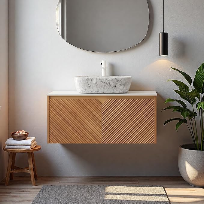 Floating Bathroom Vanity with Sink, 36" Bathroom Storage Cabinet with Sintered Stone Countertop & Marble-Pattern Ceramic Basin, Wall-Mounted Vanity with 2 Twill Pattern Doors, Brown Oak