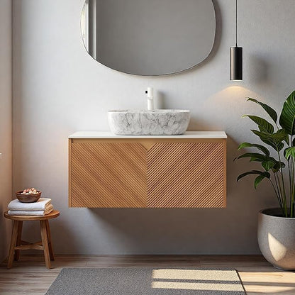 Floating Bathroom Vanity with Sink, 36" Bathroom Storage Cabinet with Sintered Stone Countertop & Marble-Pattern Ceramic Basin, Wall-Mounted Vanity with 2 Twill Pattern Doors, Brown Oak