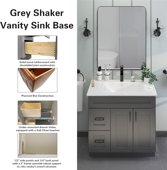 36" Light Grey Shaker Bathroom Vanity Base – Ready-to-Assemble Sink Cabinet with Drawers, Freestanding Bathroom Vanity Base Only, No Top or Sink