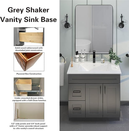 36" Light Grey Shaker Bathroom Vanity Base – Ready-to-Assemble Sink Cabinet with Drawers, Freestanding Bathroom Vanity Base Only, No Top or Sink