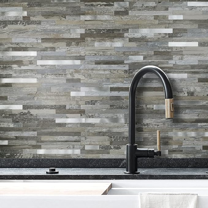 DICOFUN Peel and Stick Backsplash Wall Tiles, 1 Sheet Distressed Wood PVC Kitchen Backsplash Peel and Stick