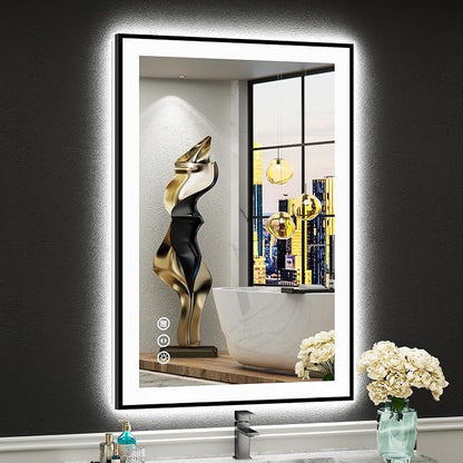 24x36 Black LED Bathroom Mirror, Backlit & Front Lit Lighted Mirror | Metal Framed Anti-Fog Vanity Mirror with Lights, 3 Color Dimmable, Memory, Tempered Glass, CRI95, IP54, Horizontal/Vertical