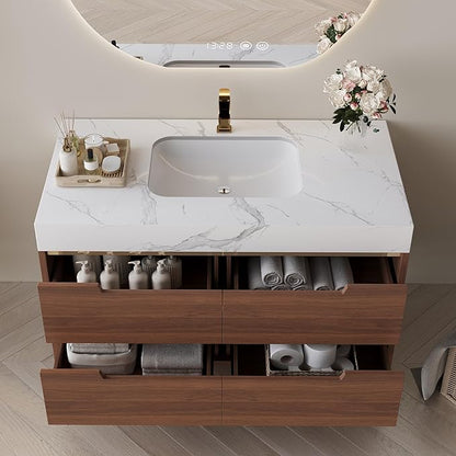36 Inch Modern Bathroom Vanity with Undermount Sink, 2-in-1 Wall Mounted & Free-Standing Bathroom Vanity Cabinet with Sintered Stone Top & 4 Drawers, Walnut Wood Single Sink Bathroom Vanities