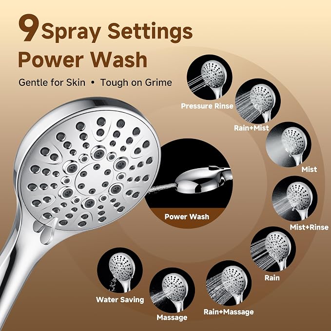 BRIGHT SHOWERS Rain Shower System with Handheld, High Pressure Dual Shower Head Combo, 9-Spray Modes, Adjustable Slide Bar & Extension Arm, 3-Way Diverter, Built-in Power Wash, 69" Hose, Chrome
