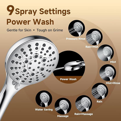 BRIGHT SHOWERS Rain Shower Head with Handheld Spray, High Pressure Dual Shower Head Combo, Adjustable Extension Arm & Slide Bar, 9 Spray Modes Built-in Power Wash, 3-Way Diverter, 69" Hose, Chrome