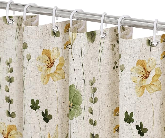 OliveGreen Linen Watercolor Floral Fabric Shower Curtain, 72x72 | Linen Fabric, Modern Minimalist Floral Print, Machine Washable, Rustproof Grommets, for Bathroom Home