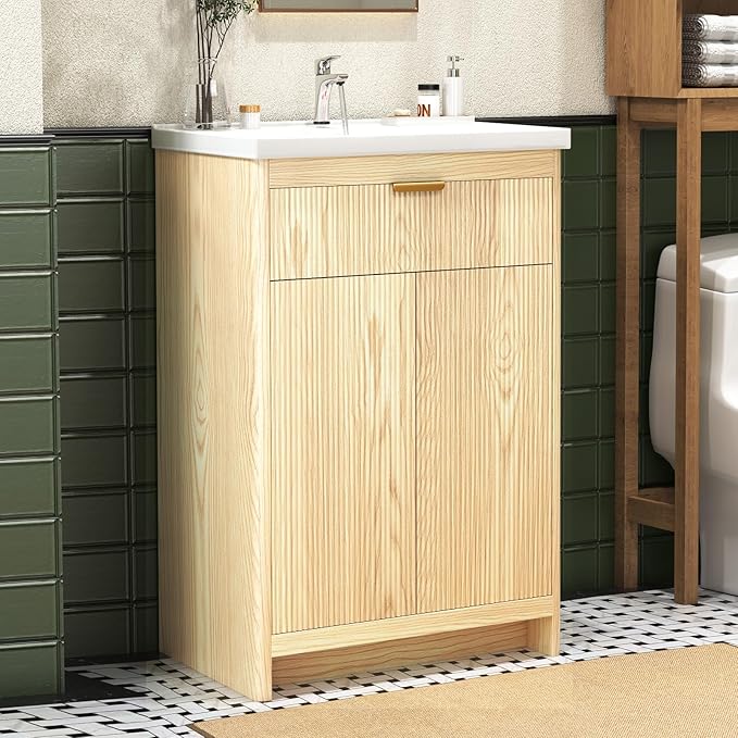 24 Inch Bathroom Vanity with Sink, Bathroom Vanity Cabinet with Single Sink, Bath Vanities with 2 Doors and 1 Flip Drawer, Natural Oak (19" D x 24" W x 36" H)