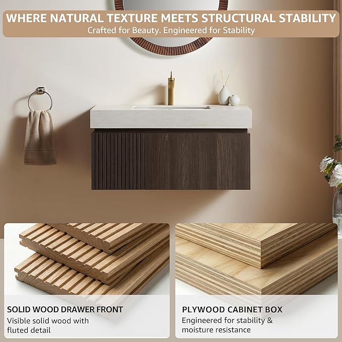 30” Floating Bathroom Vanity with Sink, Wall-Mounted Cabinet with Drawer & Doors, Roma Travertine-Pattern Countertop, Undermount Basin, Single Faucet Hole, Soft-Close, Pre-Assembled, Dark Oak