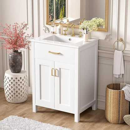 24" Bathroom Vanity with Sink, Modern Bathroom Vanity 24 Inch with Sink, 24 Bathroom Sink Vanity with Flip Drawer, Cabinet and Door Shelves, 24" Vanity with Sink for Bathroom (White)