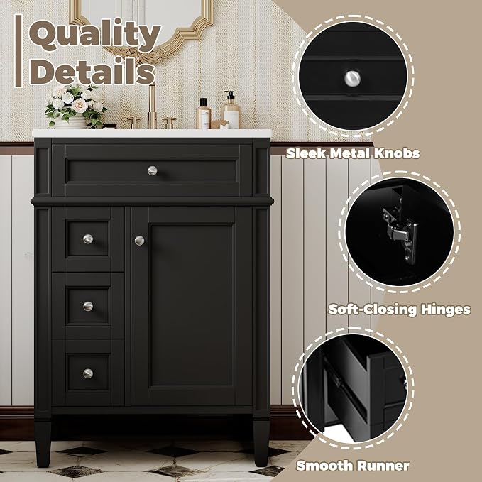 Merax 24 Inch Bathroom Vanity with Ceramic Sink, Solid Wood Frame Modern Bathroom Sink Storage Cabinet with 2 Drawers and a Tip-Out Drawer, Single Sink Bathroom Vanities, Black