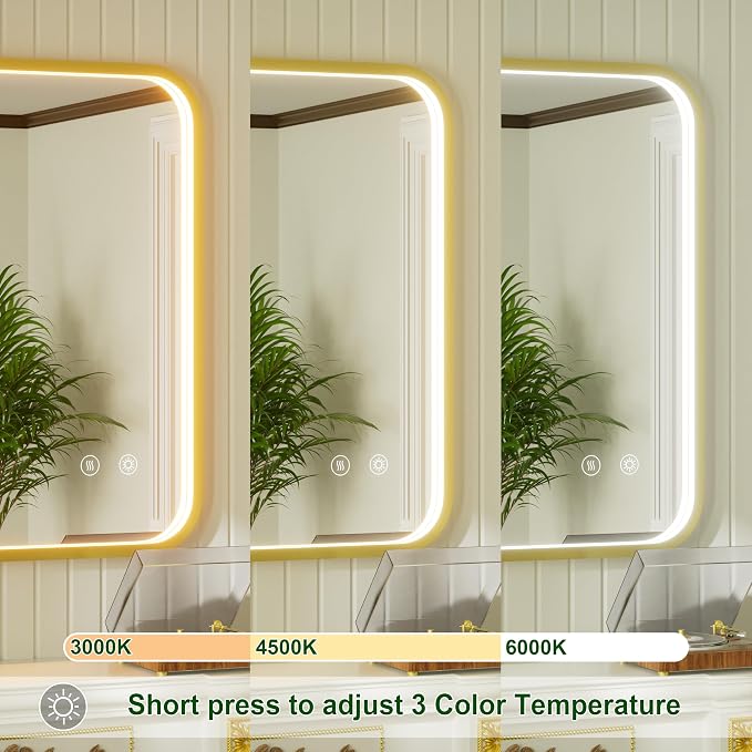 40x30 Inch Gold LED Bathroom Mirror with Lights,3000K/4500K/6000K | Stepless Dimmable, Anti-Fog, Memory Function, Aluminum Frame Wall Mount Lighted Vanity Mirror, ETL Listed, IP54 Waterproof