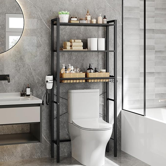 VASAGLE Over the Toilet Storage, Over Toilet Bathroom Organizer with Adjustable Shelves and Basket, 3 Hooks, Space Saving, 9.4 x 23.6 x 63 Inches, Ebony Black UBTS113BE01S
