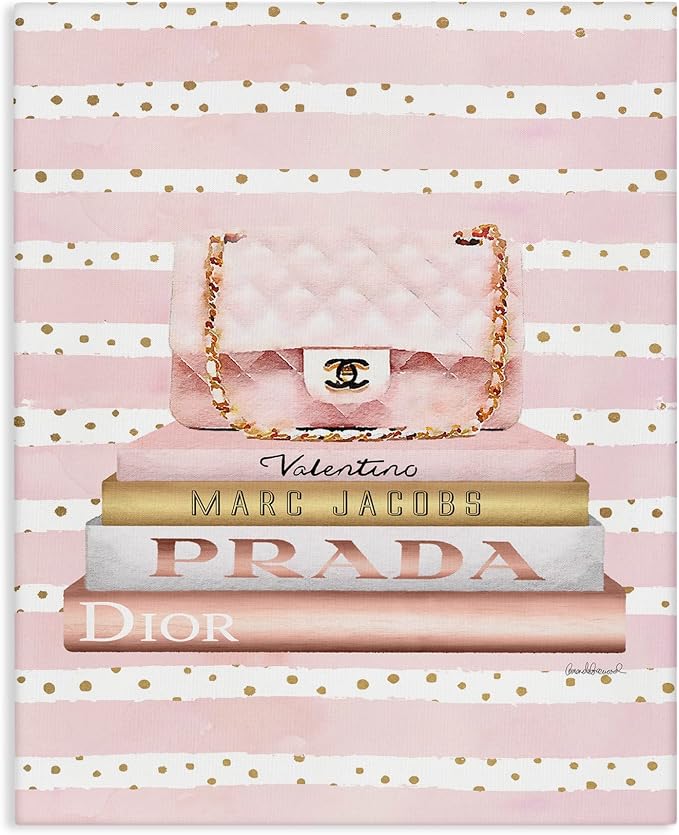 Stupell Industries 'Pink Purse Bookstack over Stripes'| Canvas Art | Stupell Industries | 16 x 20 Inches, Easy to Hang and Sturdy, Made in USA, by Amanda Greenwood