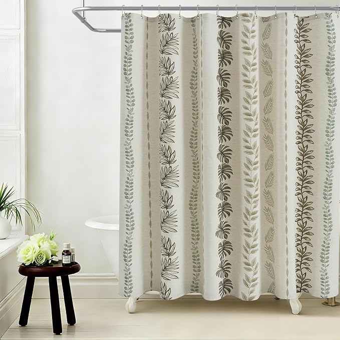 ORTIGIA Linen Striped Shower Curtain 72x84 Inch Extra Long with Metal Hooks,Sage Green Leaf Botanical Waterproof Natural Linen Bath Curtain for Rustic Farmhouse Bathroom Decor