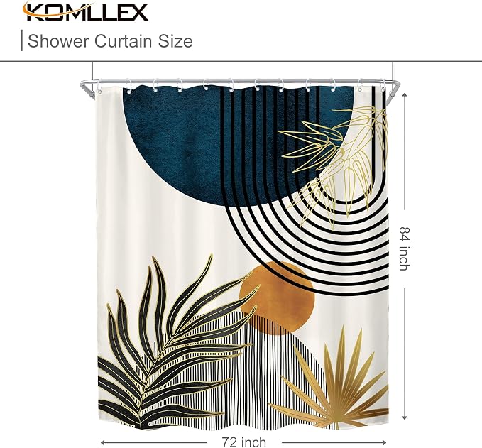 KOMLLEX Mid Century Blue Boho Abstract Modern Bathroom Shower Curtain Set | 72Wx84L Plant Botanical design, waterproof HD print with fast-drying fabric and 12 hooks.