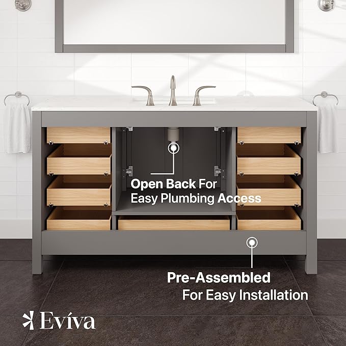 Eviva Aberdeen 60 in. Gray Single Sink Bath Vanity with Carrara Quartz Top and Undermount Porcelain Sink