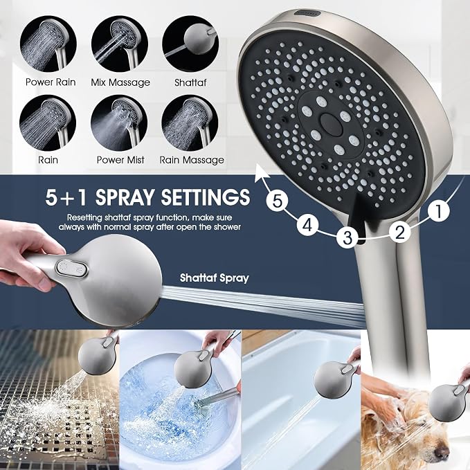 PDPBath 14 Inch Rain Shower Head with 5+1 Settings Handheld Spray Combo, High Pressure Rainfall Shower Head with 16'' Adjustable Extension Arm, 79" Extra Long Hose, 3-Way Diverter, Brushed Nickel