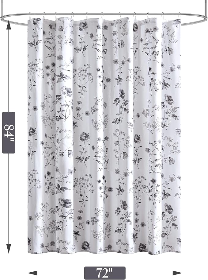 Martha Stewart Cotton Floral Extra Long Shower Curtain, 72 x 72, Black | Martha's Garden Series, Botanical Floral Print, Spa Quality Modern, Machine Washable, Modern Bathroom Curtains